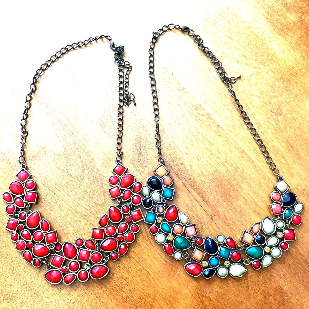 Lot 2 Vintage Collar Bead Necklaces Red & Multi Colorful Jelly Belly Necklace